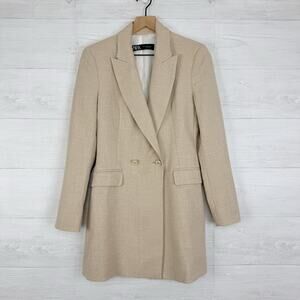Zara Double Breasted Long Blazer XS Neutral Tailored Academia‎ Textured Office